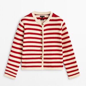 Massimo Dutti Red Striped Knit Cardigan Jacket with Buttons XS